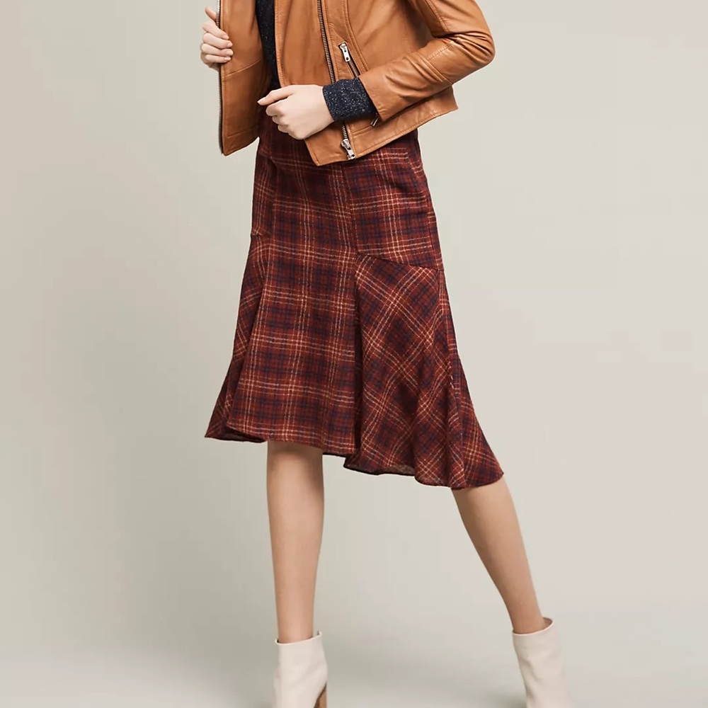 Anthropologie Maeve Burgundy Plaid Wool Midi Skirt